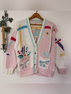 Vintage 1989 Lisa Nichols Pastel Novelty Floral Bow Umbrella Knit Cardigan M